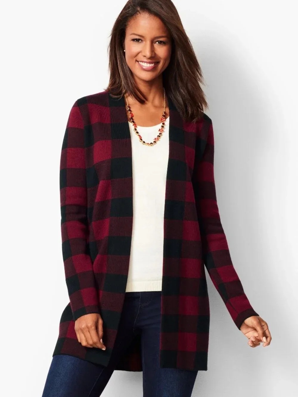 Talbots BUFFALO-PLAID MERINO CARDIGAN Size Small